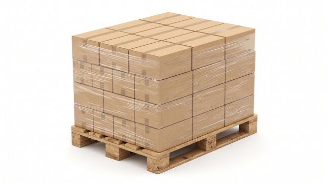 Stack of Cardboard Boxes Wrapped in Plastic on a Wooden Pallet