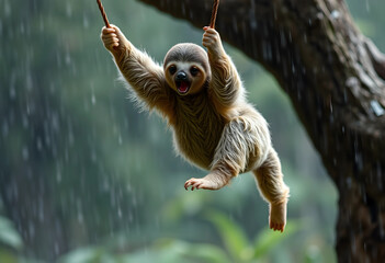 Fototapeta premium Playful sloth swinging on rope in rain