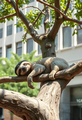 Fototapeta premium Content sloth lying on urban tree branch