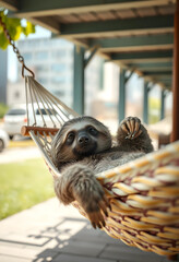 Fototapeta premium Relaxed sloth lying in hammock in urban setting