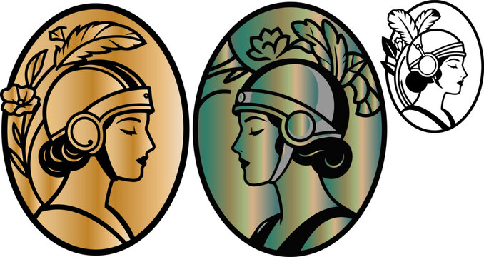 Art Deco female face icons, metallic illustrations, vintage style graphics, 3 oval portraits