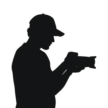 Photographer silhouette with camera. Man taking photos with digital dslr equipment.