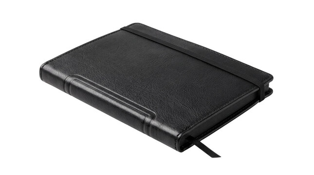 Black leather notebook with elastic closure, professional executive journal for business notes, elegant textured diary isolated on white background