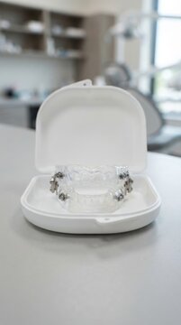 Clear dental aligners with metal attachments in a protective case