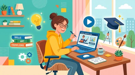 Fototapeta premium Young female professional working on laptop at home office. Creative freelancer using computer for remote work and online business tasks