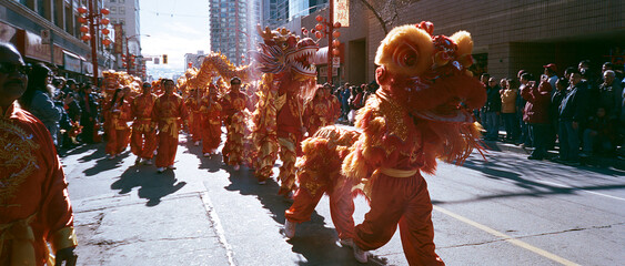 Fototapeta premium Chinese New Year Lion Dance Parade: Vibrant Cultural Celebration in Urban Setting with Dragon Dance and Colorful Costumes