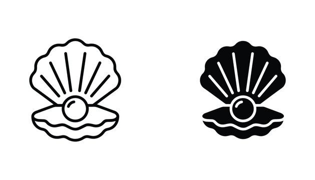 Pearl in shell vector icon isolated on white Black and white outline line art and solid glyph silhouette