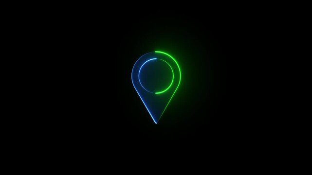 Neon location marker pin glowing with blue and green light on dark background loop.