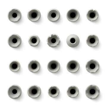 Realistic bullet holes set on white background, 20 damaged metal impact marks, industrial gun shot effects for action movie posters and gaming