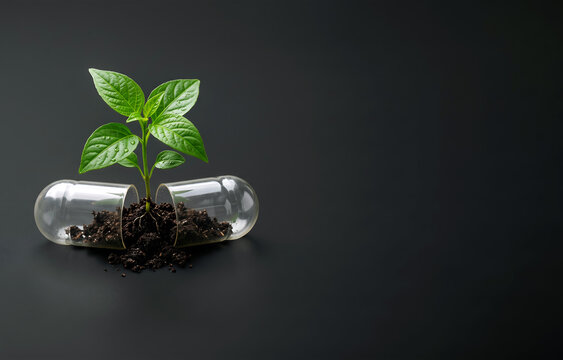 Young green plant sprouting from dark soil inside an open transparent capsule shell on black background copy space