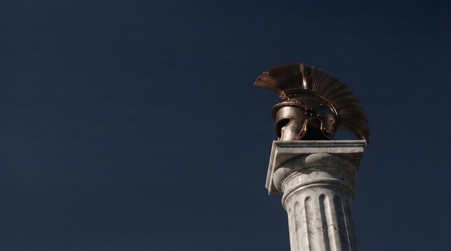 Ancient helmet resting on a white marble column against a dark sky