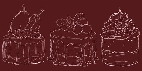 Gourmet cakes and pastries sketch set, hand drawn sweet desserts with dripping glaze and fruit toppings line art vector illustration on dark red background © droolbug