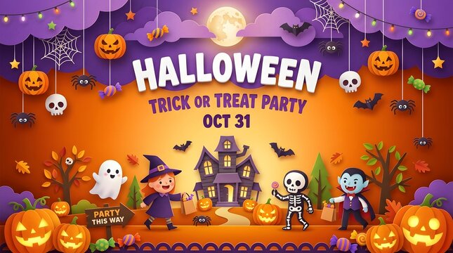Festive halloween trick or treat party illustration spooky decorations costumes and october 31st celebration design