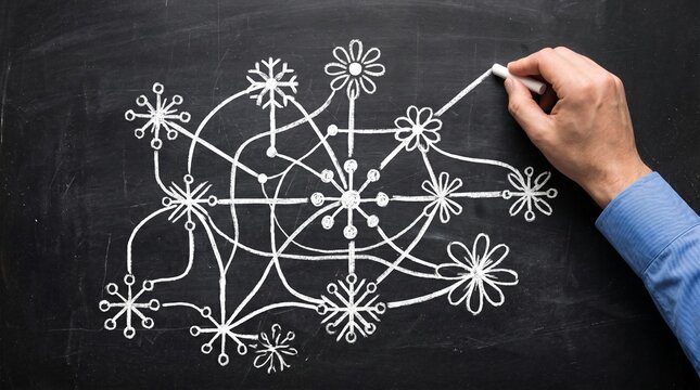 Business concept, network diagram, hand drawing, chalkboard illustration, white lines