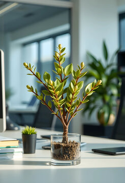 Xiphoid plant in glass pot on office desk