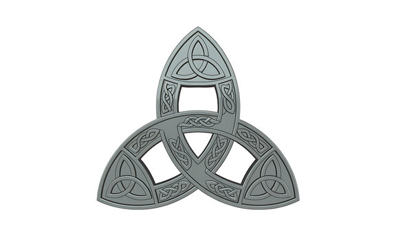 Grey celtic triquetra knot symbol with intricate woven pattern isolated on transparent background