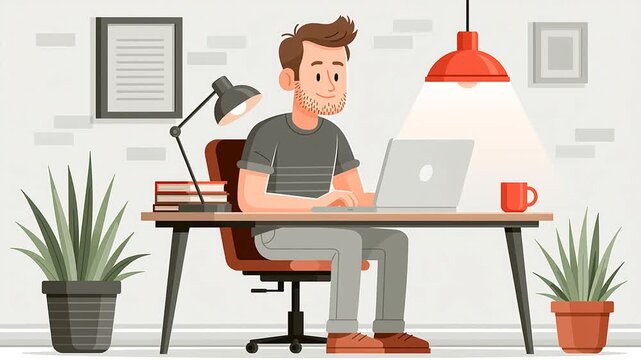 Cartoon male freelancer working from home with laptop, graphic animation