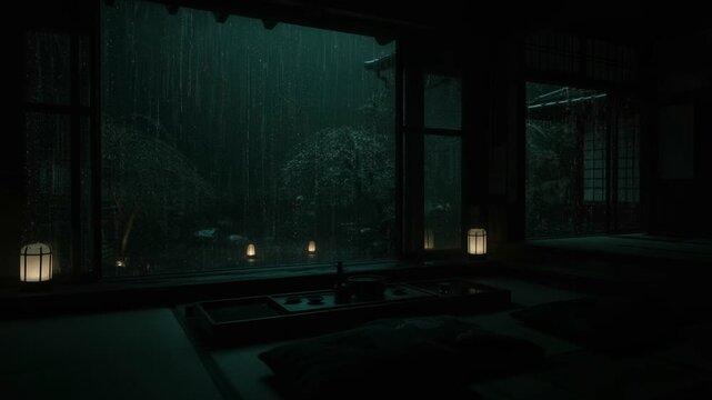 Rainy Forest Night Viewed from Cozy Cabin Interior with Calm Nature Ambience