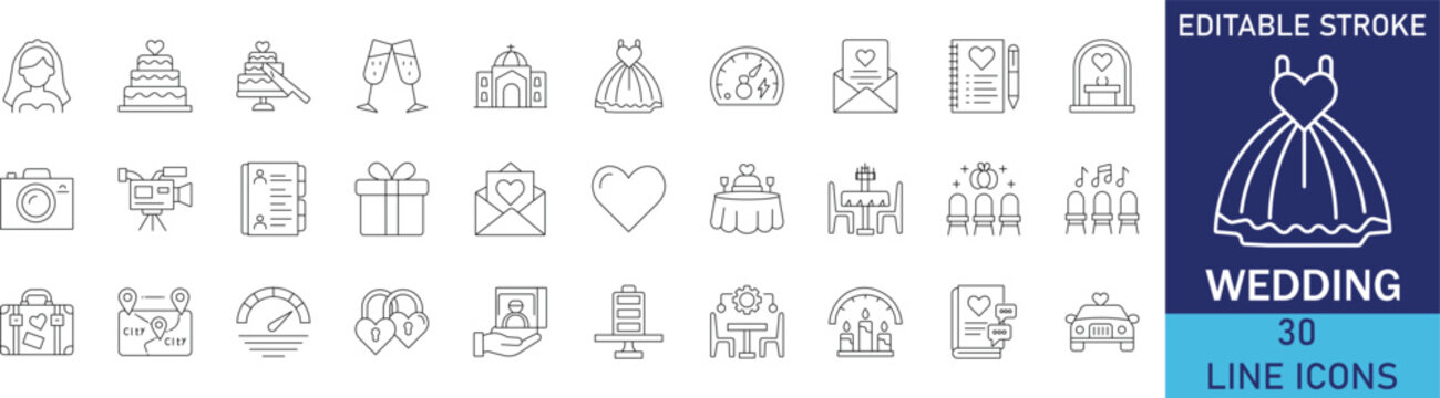 Wedding ceremony and romantic marriage event line icon set. Vector symbols for bridal engagement ring, marriage contract certificate, celebration dress, love heart bouquet, and party venue.