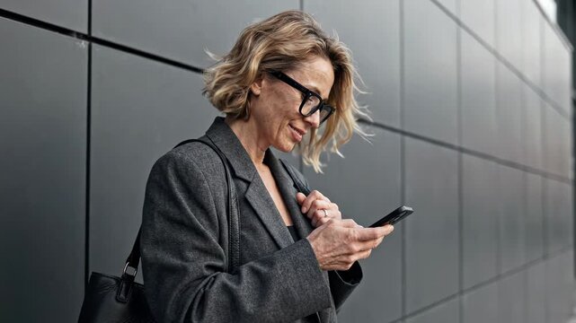 Mature woman in a grey blazer and glasses using her smartphone against a dark wall