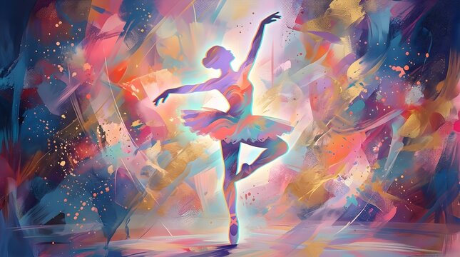 Graceful ballerina dancing in an abstract colorful rainbow splash

Vibrant oil painting of a ballet dancer performing in mid air

Expressive fine art illustration of a female dancer in motion