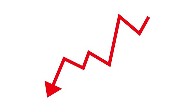 Red zigzag arrow pointing downward representing decline, loss, decrease, and negative trend for business, Motion graphics of business arrow concept