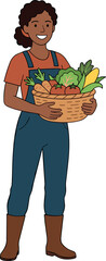 Female Farmer Character Vector Illustration Featuring Smiling African American Woman Holding Basket of Fresh Harvested Vegetables for Organic Local Agriculture Graphic DesignsFemale Farmer Character V