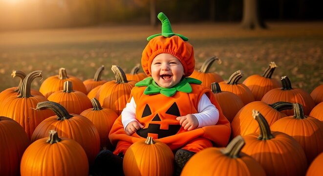 Adorable baby in pumpkin costume surrounded by harvest pumpkins