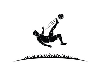Fototapeta premium Spectacular silhouette of a soccer player performing an acrobatic overhead kick above a stylized ground element, symbolizing skill.