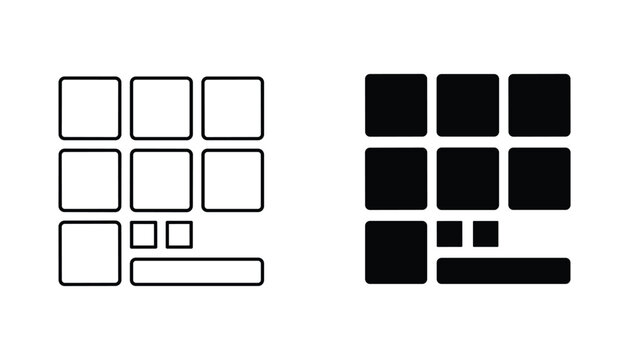 Keyboard layout vector icon isolated on white Black and white outline line art and solid glyph silhouette