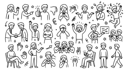 Obraz premium Hand drawn business people character doodle set featuring office workers with various emotions, gestures, poses, and expressions for graphic design