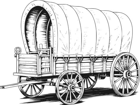 白背景にあるクラシックなアメリカの開拓者の幌馬車の詳細な白黒線画
