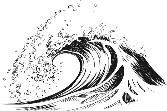 白背景に隔離された力強く打ち寄せる海洋の波のダイナミックな白黒インク画