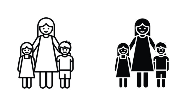 Single mother with children vector icon isolated on white Black and white outline line art and solid glyph silhouette