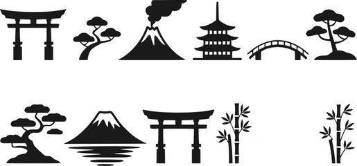 富士山、鳥居、五重塔、盆栽、竹の茎を特徴とする日本文化のコレクション © Abdul