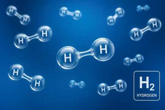Multiple hydrogen molecules are seen floating in a blue background. Each molecule has a clear design showing its atomic structure. The chemical symbol and number for hydrogen are also visible.