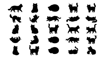 Black cat silhouette icon set featuring domestic felines in various active, playing, sleeping, and walking poses for graphic design projects © Mohammad