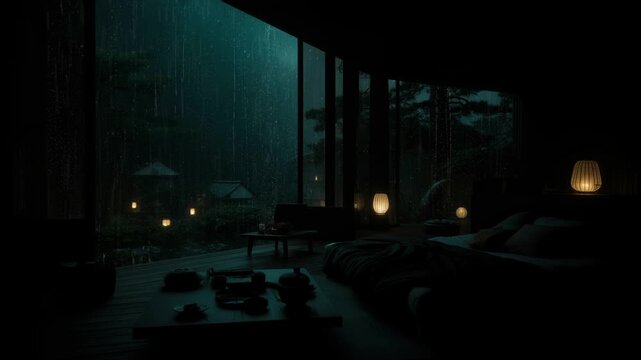Heavy Night Rain Outside Cozy Forest Cabin with Peaceful Relaxing Atmosphere