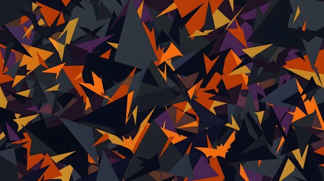 Abstract geometric pattern with fragmented triangles and bat shapes in dark orange, purple, and grey tones, creating a spooky modern background.