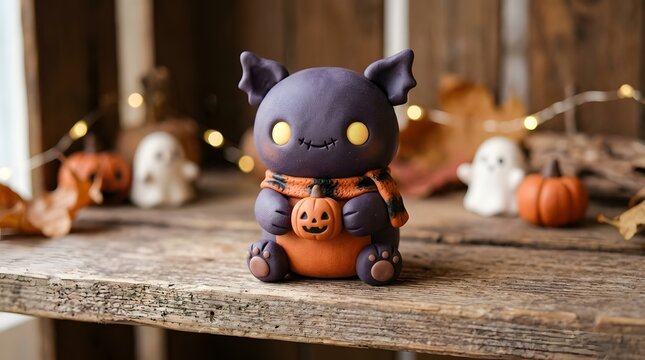 Cute purple bat character holding a pumpkin on a rustic wooden shelf with festive Halloween decorations.