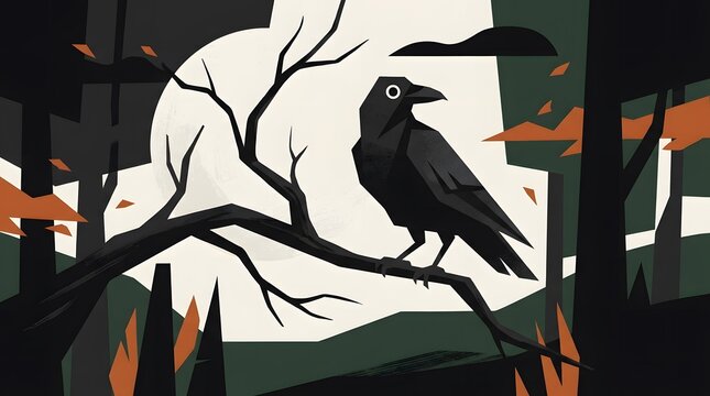 Stylized black raven perched on a bare branch under a glowing full moon in a mysterious autumn forest.