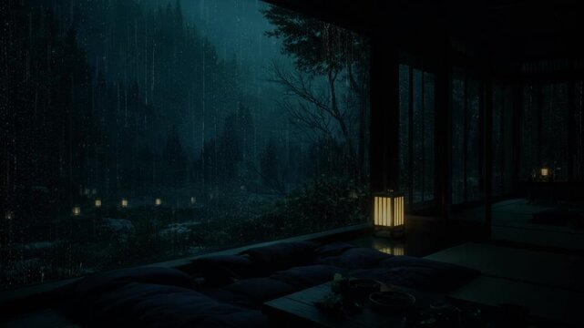 Heavy Night Rain Outside Cozy Forest Cabin with Peaceful Relaxing Atmosphere