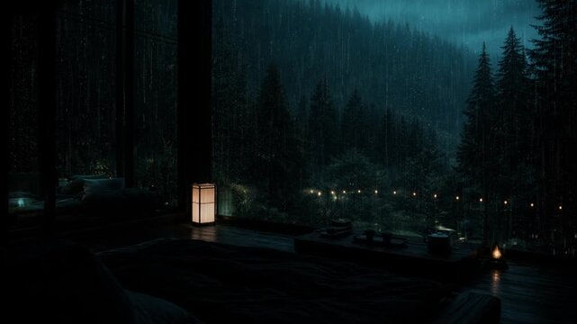 Heavy Night Rain Outside Cozy Forest Cabin with Peaceful Relaxing Atmosphere