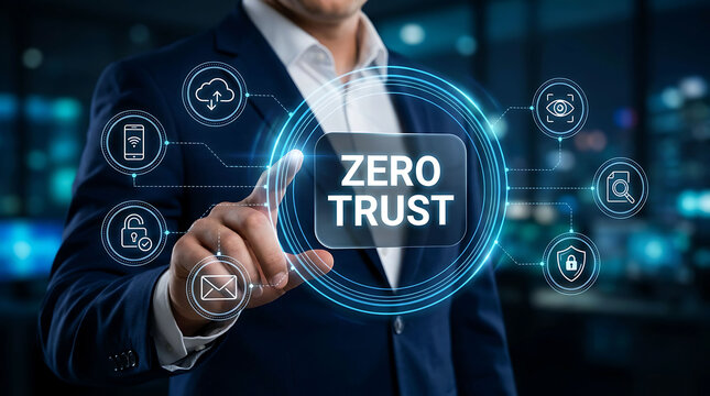 Businessman touching virtual zero trust network architecture screen concept