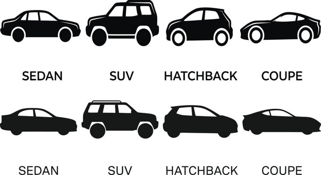Set of black car silhouettes of different body styles