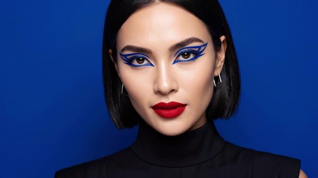 Static shot of woman model face posing with graphic blue eyeliner and red lips against solid cobalt blue studio backdrop in a serious elegant modern portrait