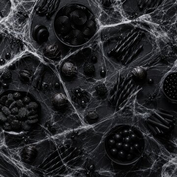 Black halloween candy collection on dark background with spider web decorations