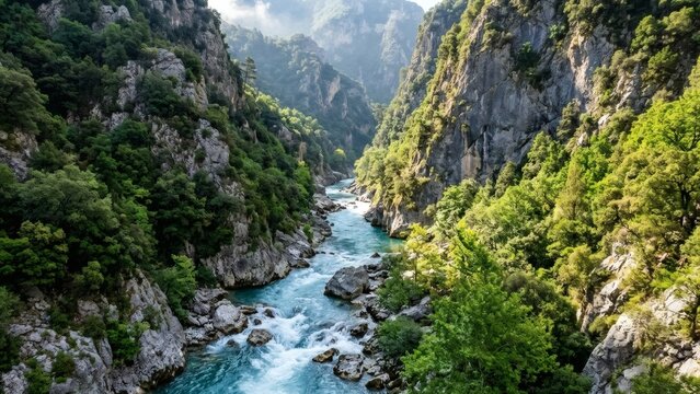 The wild turquoise waters of the free-flowing Vjosa River winding through an Albanian canyon
