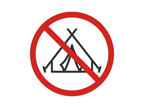 No camping sign. Prohibited tent icon for restricted outdoor recreation areas.