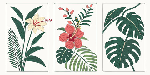 Vibrant tropical flowers with green leaves, flat red hibiscus © Mamun